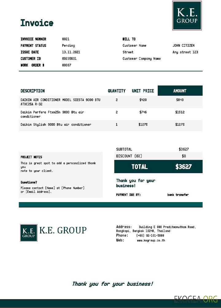 Modèle de facture du groupe USA KE